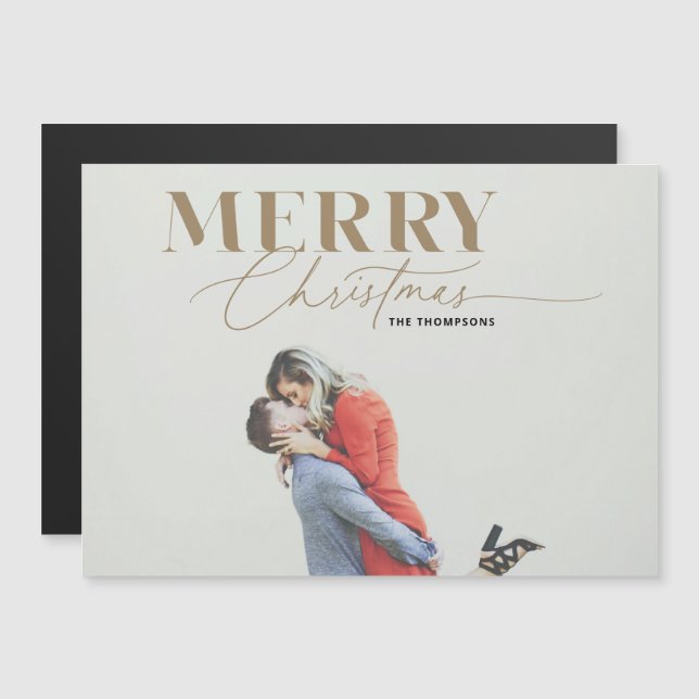 Gold Merry Script Serif Christmas Photo Magnet (Front/Back)