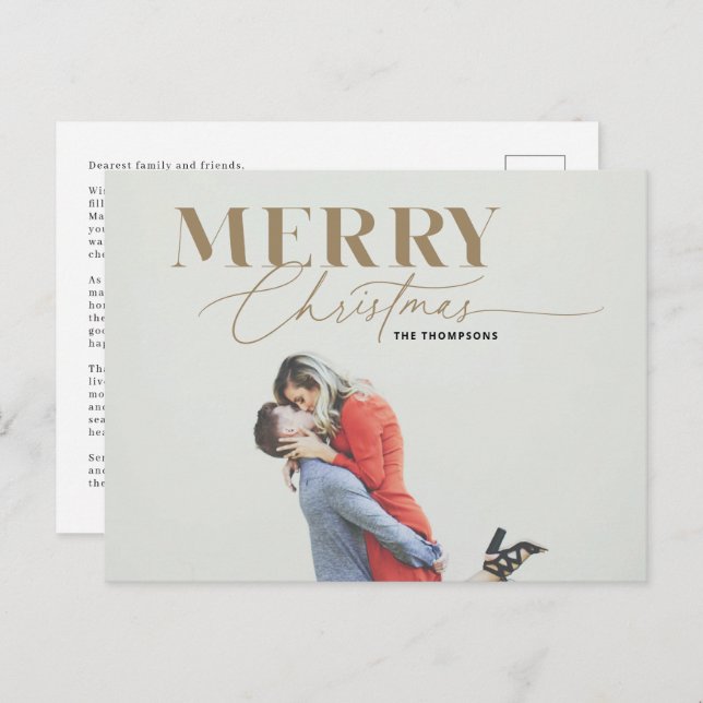 Gold Merry Script Serif Christmas Photo Postcard (Front/Back)