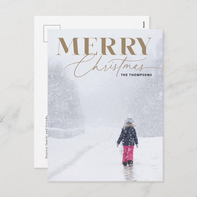 Gold Merry Script Serif Christmas Portrait Photo Holiday Postcard (Front/Back)