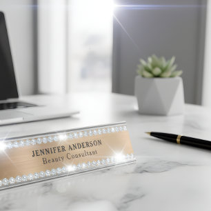 Gold Metal And Glitter Diamond Desk Name Plate