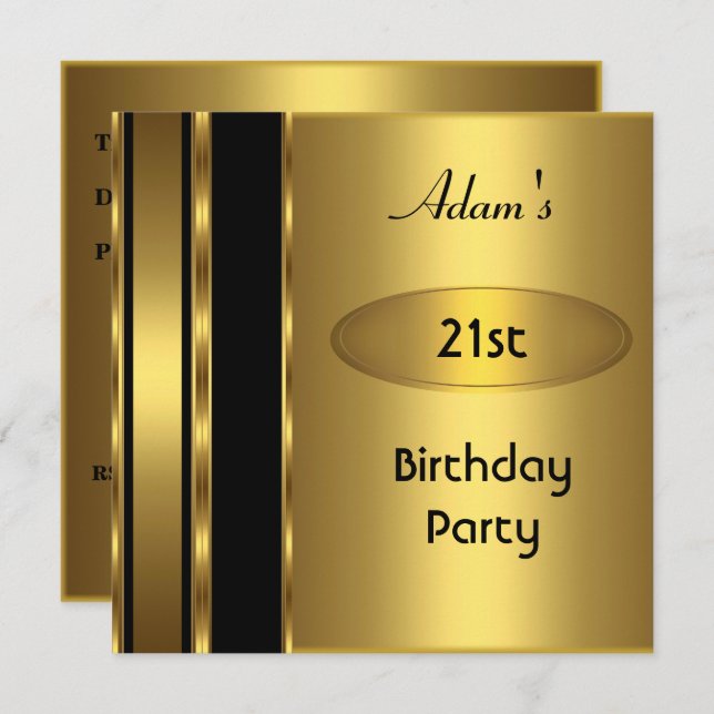 Gold Metal Black Mens 21st Birthday Party Man Invitation (Front/Back)