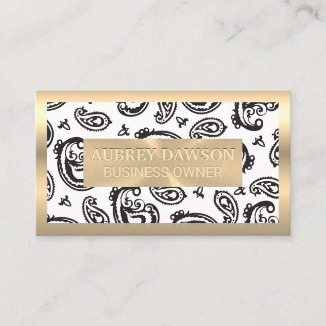 Gold Metal | Black Paisley Flower Pattern Business Card (Front)