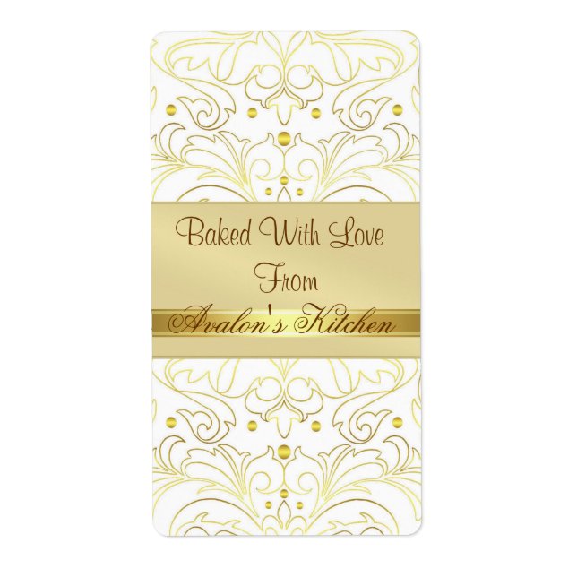 Gold Metal Damask Filigree Holiday Baking Label (Front)