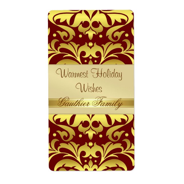 Gold Metal Damask Red Holiday Wine Label (Front)