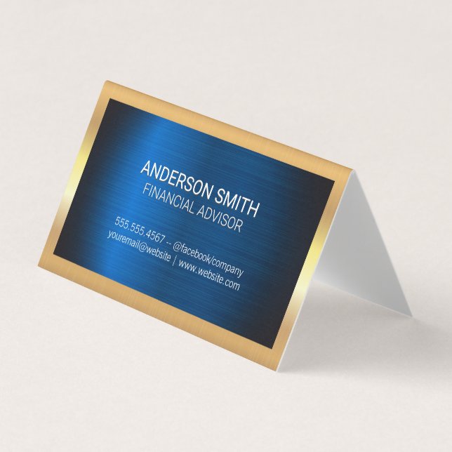 Gold Metal Frame | Blue Metal Background Business Card (Front)