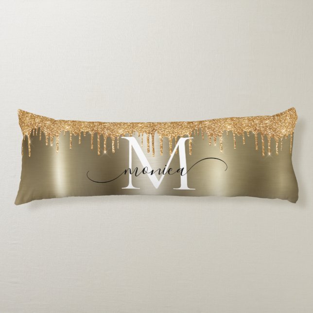 Gold Metal Glitter Drips Monogram Name Body Cushion (Front)