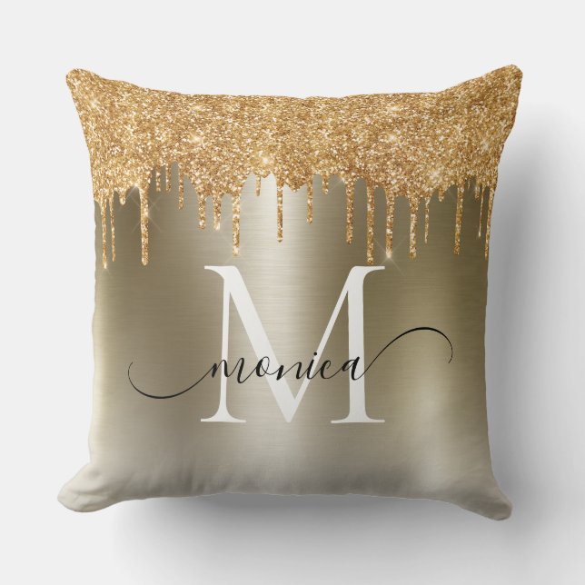 Gold Metal Glitter Drips Monogram Name Cushion (Front)