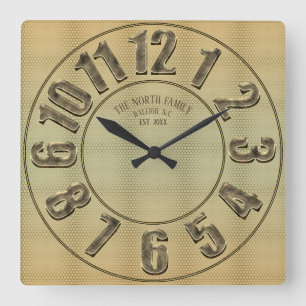 Gold Metal Large Number w/Name Square Wall Clock