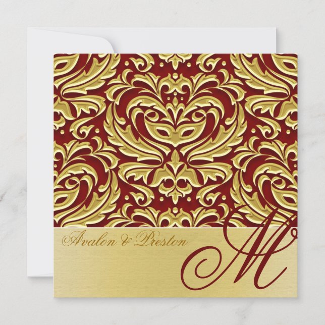 Gold Metal Monogram Damask Wedding Invitation (Front)