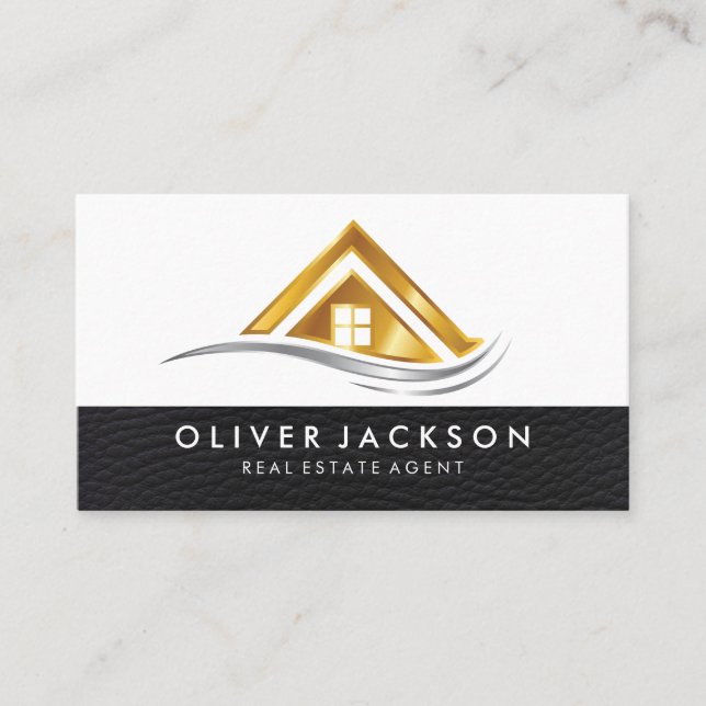 Gold Metal Real Estate Logo | Leather Business Card (Front)