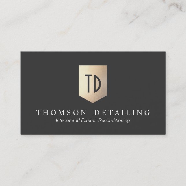 Gold Metal Shield Logo Monogram Auto Body Repair Business Card (Front)