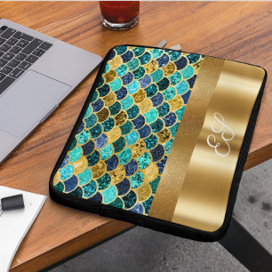Gold Metal Sparkle Mermaid Tail Monogram Scales Laptop Sleeve