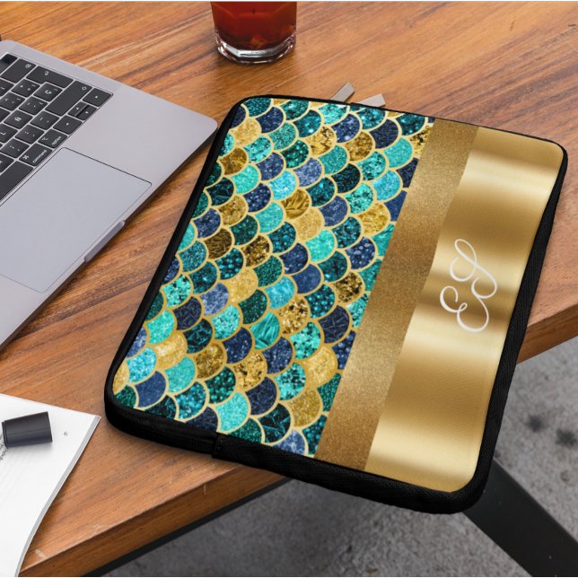 Gold Metal Sparkle Mermaid Tail Monogram Scales Laptop Sleeve (Creator Uploaded)