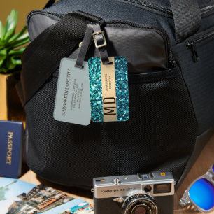 Gold Metal Stripe Teal Glitter monogram Name  Luggage Tag