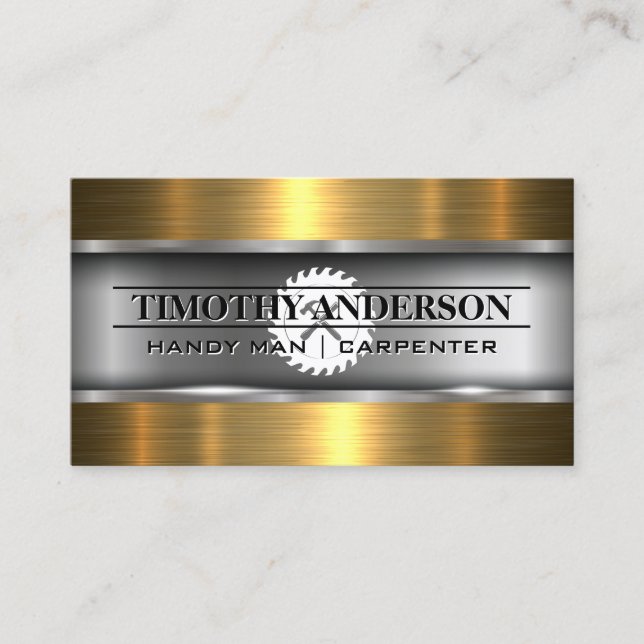 Gold Metal Wood | Saw and Hammer  Business Card (Front)