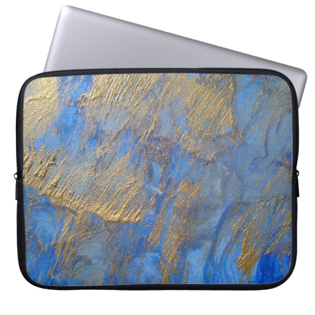 Gold Metallic Abstract On Blue Laptop Sleeve (Front)