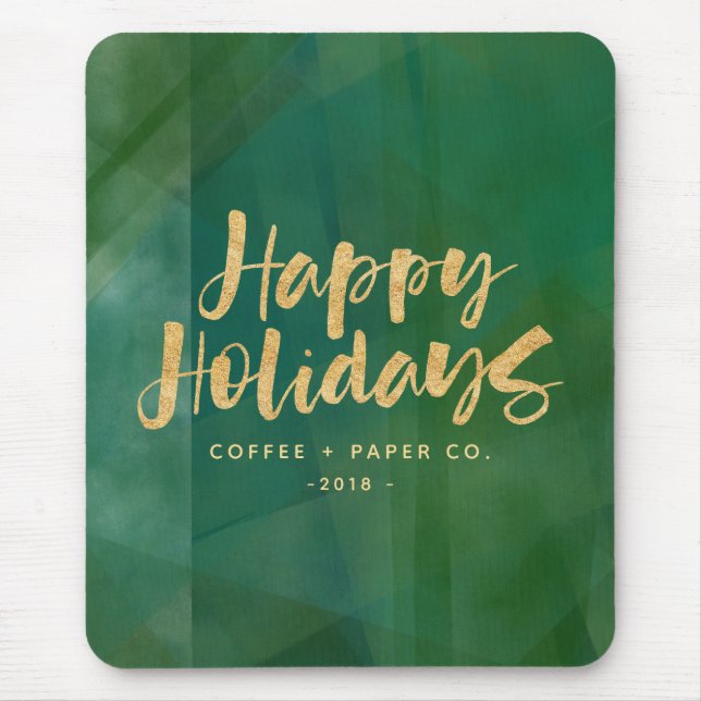 Gold metallic and green happy holidays mouse pad (Front)