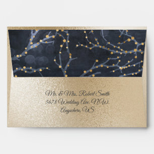 Gold Metallic Blue Fairy Light Branches Wedding Envelope