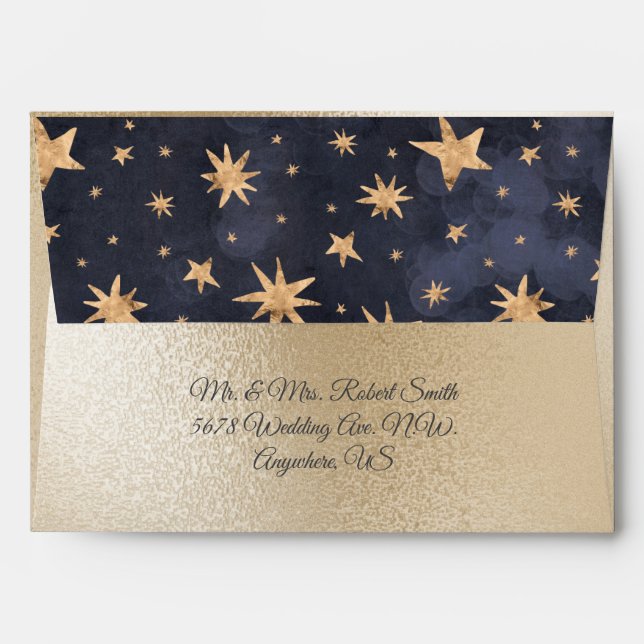 Gold Metallic Blue Fairy Light Stars Wedding  Envelope (Back (Top Flap))