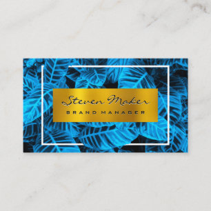 Gold Metallic   Blue Tropical Leaves Business Card