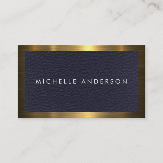 Gold Metallic Border | Blue Leather Texture Business Card (Front)