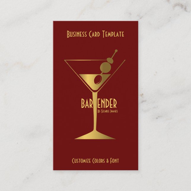 Gold Metallic Cocktail Logo Bartender Business Card (Front)