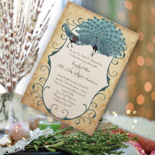 Gold Metallic-Damask Peacock Invitation