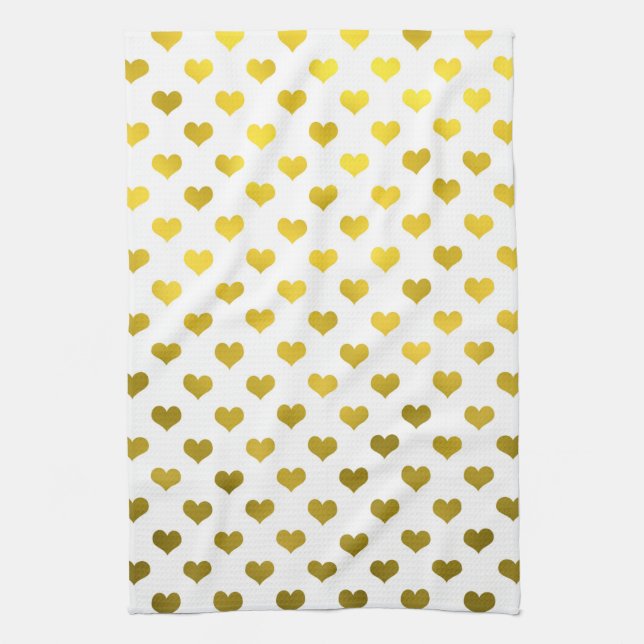 Gold Metallic Faux Foil Hearts Polka Dot Heart Tea Towel (Vertical)