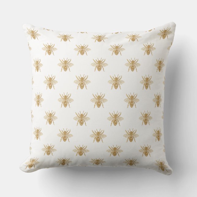 Gold Metallic Faux Foil Photo-Effect Bees on White Cushion (Front)