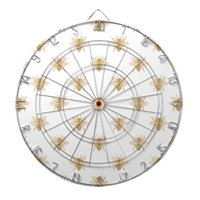 Gold Metallic Faux Foil Photo-Effect Bees on White Dartboard (Front)