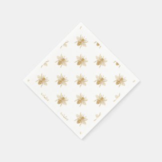 Gold Metallic Faux Foil Photo-Effect Bees on White Napkin