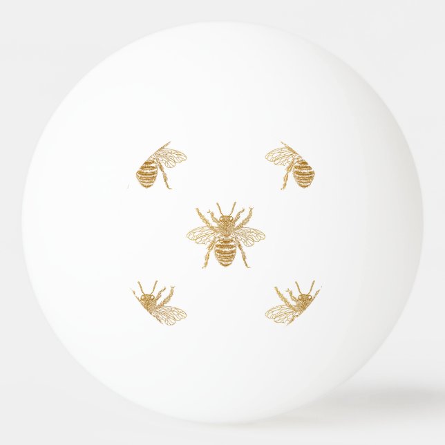 Gold Metallic Faux Foil Photo-Effect Bees on White Ping Pong Ball (Front)