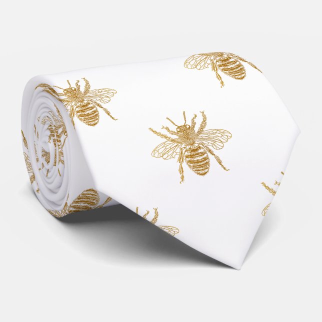 Gold Metallic Faux Foil Photo-Effect Bees on White Tie (Rolled)