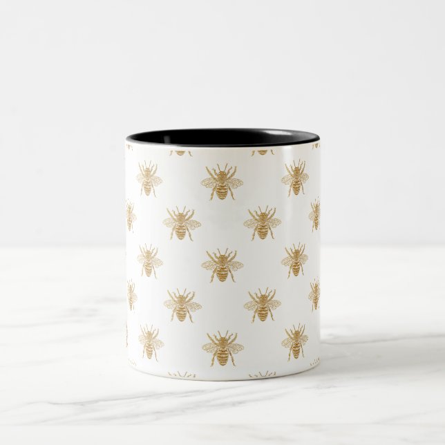Gold Metallic Faux Foil Photo-Effect Bees on White Two-Tone Coffee Mug (Center)