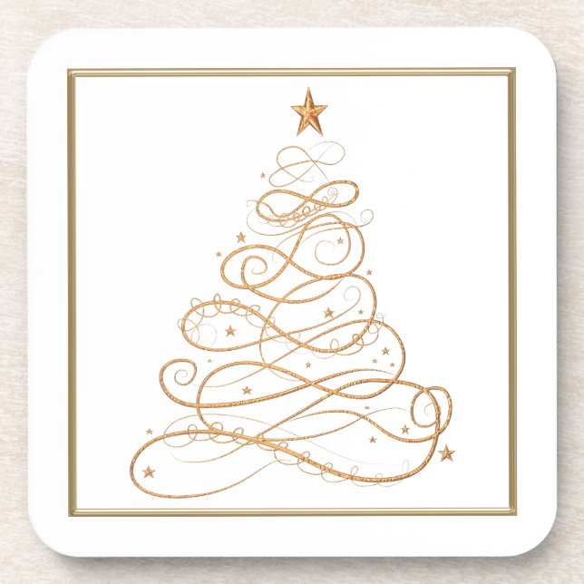 Gold Metallic Filigree Christmas Tree Coaster (Front)