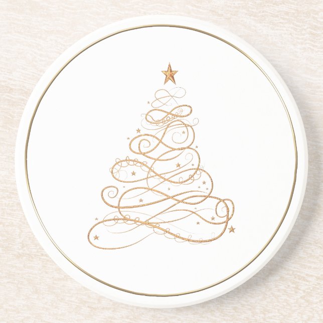 Gold Metallic Filigree Christmas Tree Pattern Coaster (Front)