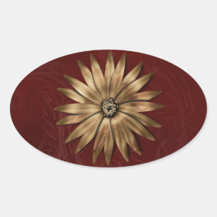 Gold Metallic Flower on red fabric Oval Sticker