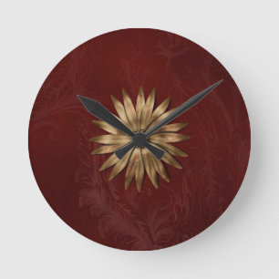 Gold Metallic Flower on red fabric Round Clock