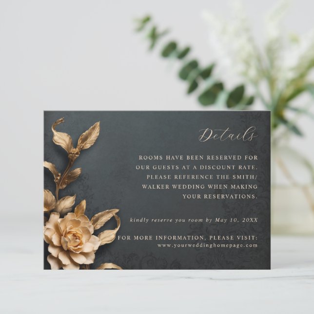 Gold metallic flowers wedding details card (Standing Front)
