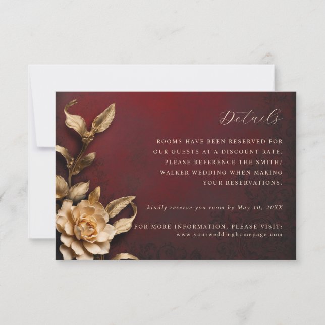 Gold metallic flowers wedding details card (Front)