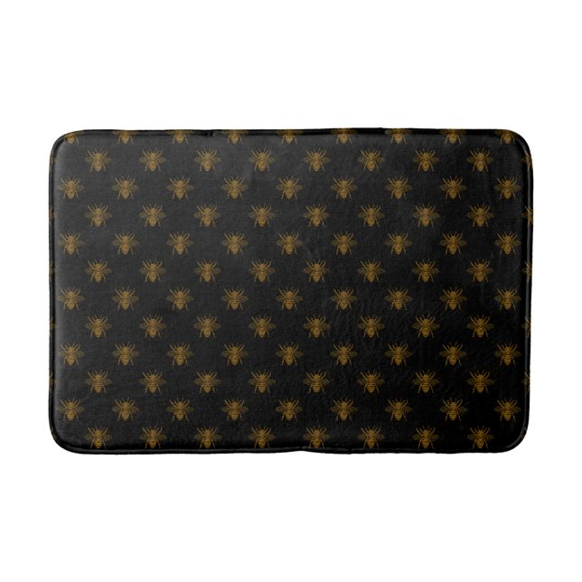 Gold Metallic Foil Bees on Black Bath Mat (Front)
