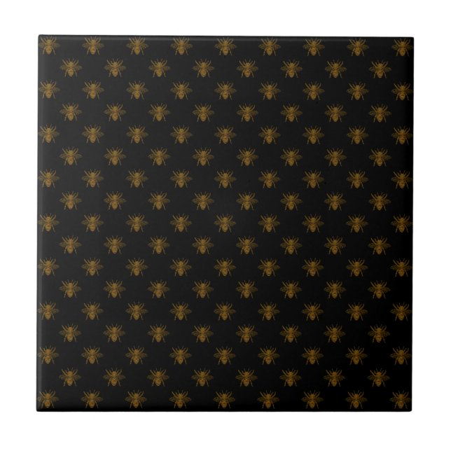 Gold Metallic Foil Bees on Black Ceramic Tile (Front)
