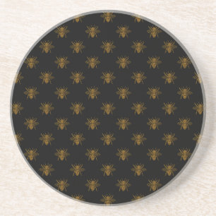 Gold Metallic Foil Bees on Black Coaster