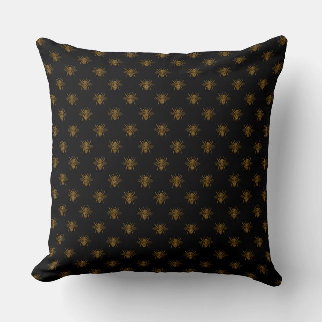 Gold Metallic Foil Bees on Black Cushion (Front)