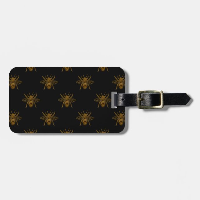 Gold Metallic Foil Bees on Black Luggage Tag (Front Horizontal)