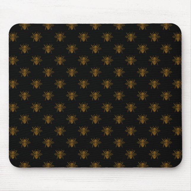 Gold Metallic Foil Bees on Black Mouse Pad (Front)