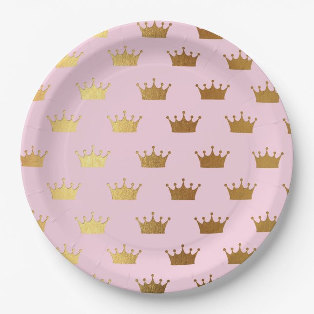 Gold Metallic Foil Crown Crowns Pink Royal Modern Paper Plate (Front)