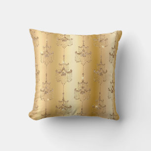 Gold Metallic Foil & Faux Glitter Glam Chandeliers Cushion