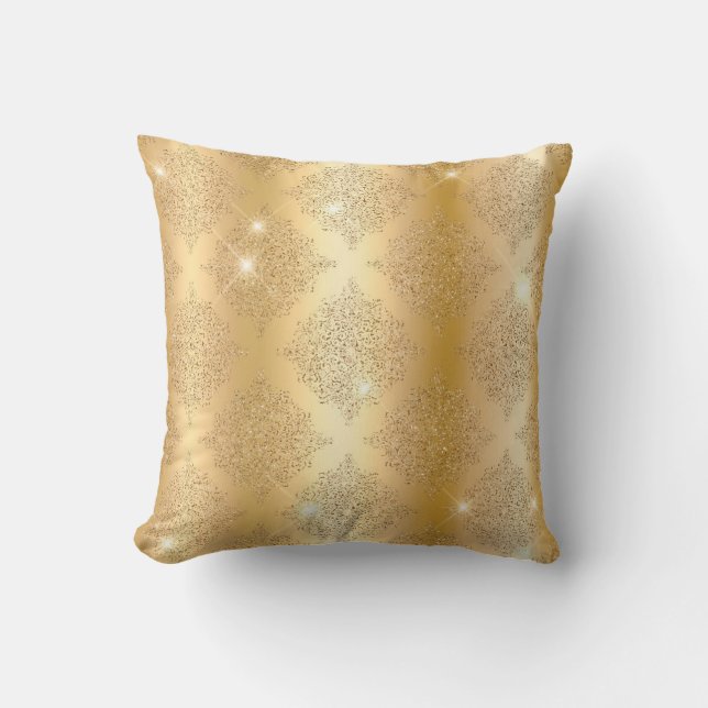 Gold Metallic Foil & Glitter Glam Filigree Pattern Cushion (Front)