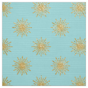 Gold Metallic Foil Sun Star Teal Aqua Modern Fabric